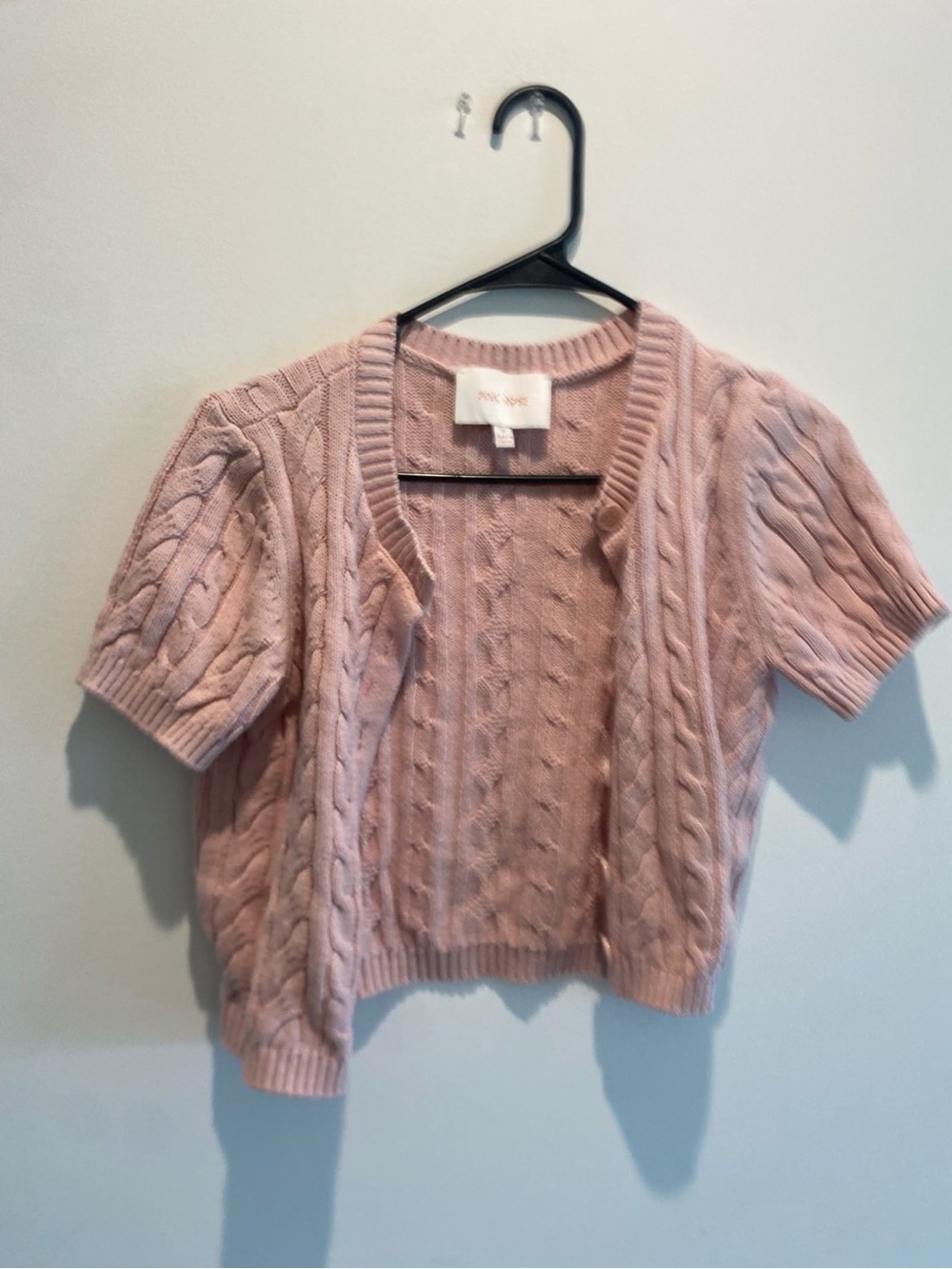 Pink Rose Short Sleeve Cable Knit Cardigan in Blush Pink